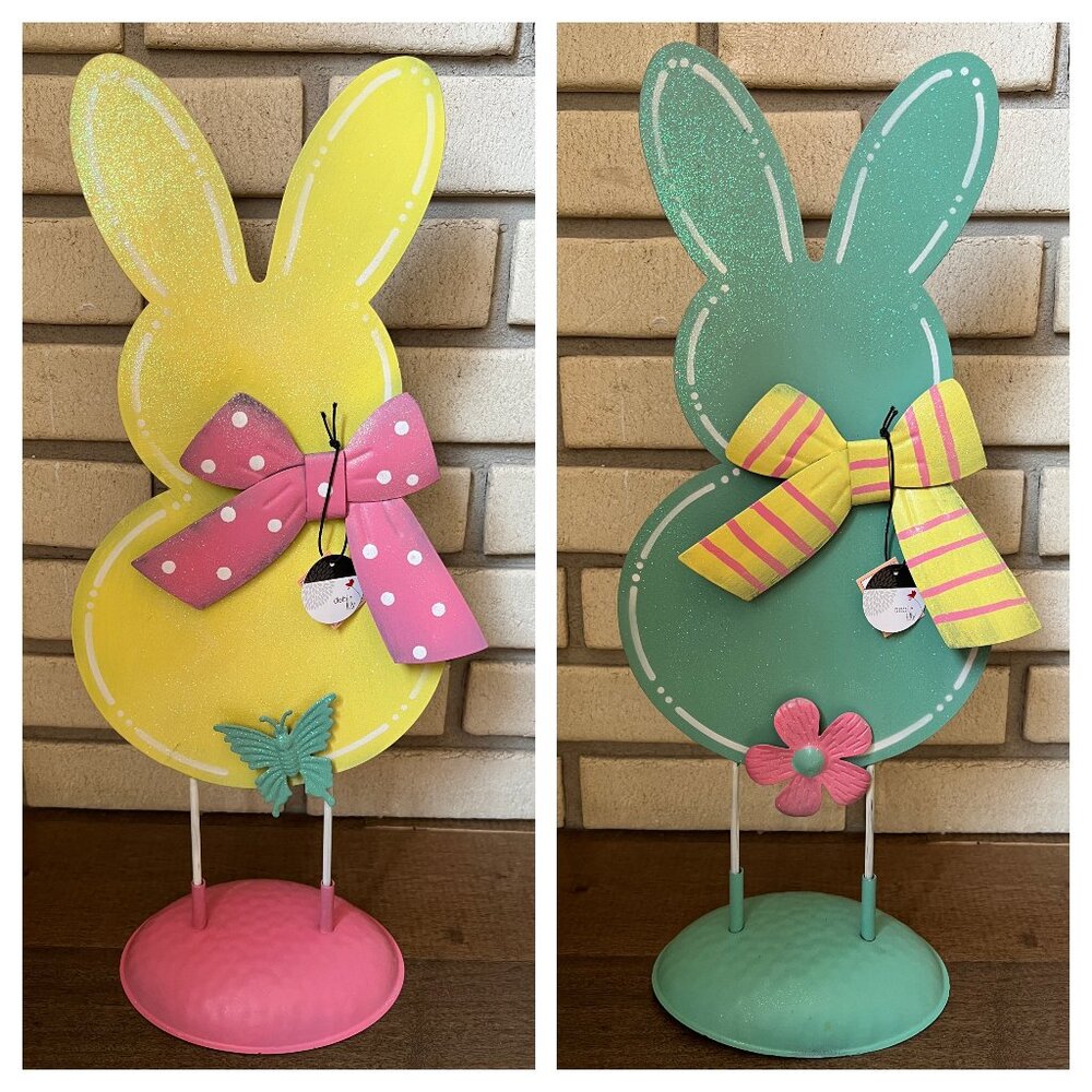 Debi Lilly Yellow Green Easter Bunny Rabbit Metal Standing Décor, 2 Qty - NWT